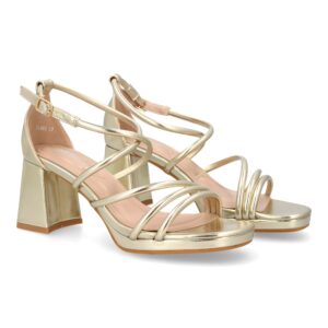 Sandalia de Tiras Finas con Tacón Ancho Color Oro