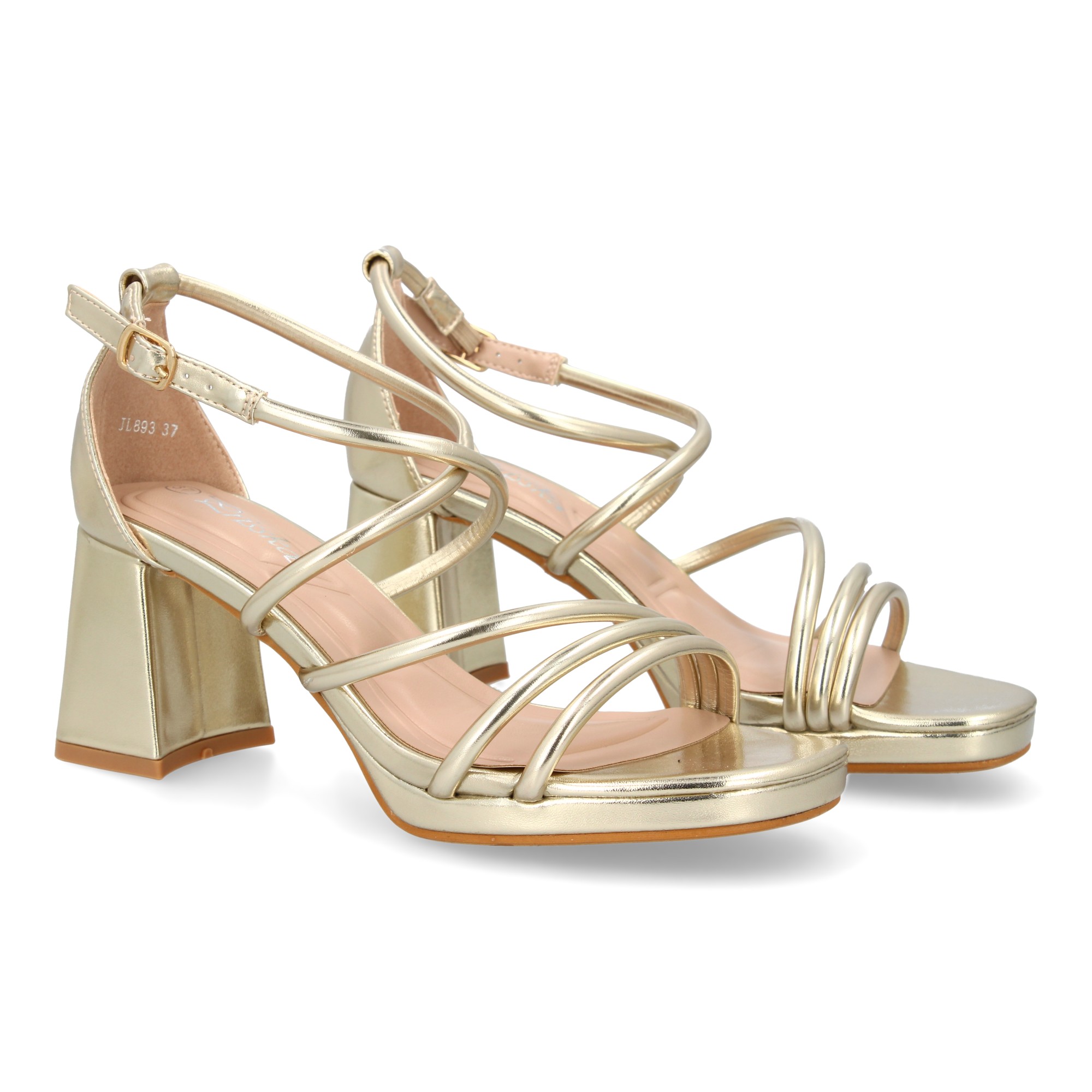 Sandalia de Tiras Finas con Tacón Ancho Color Oro 1 Sandalia de Tiras Finas con Tacón Ancho Color Oro