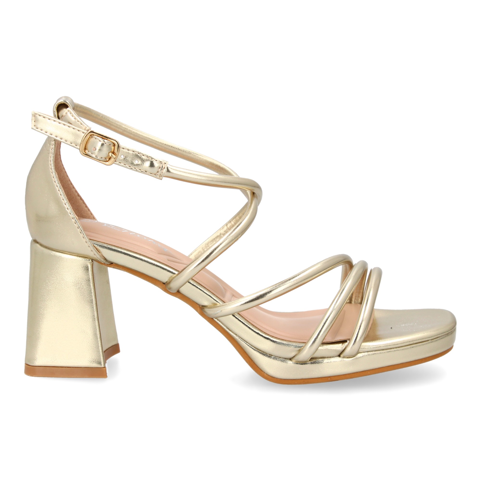 Sandalia de Tiras Finas con Tacón Ancho Color Oro 2 Sandalia de Tiras Finas con Tacón Ancho Color Oro - Imagen 2