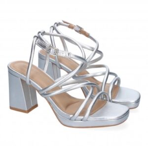 Sandalias Plata de Tacón con Diseño de Tiras