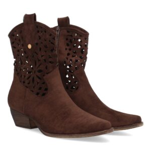 Botines Calados Boho Marrón Chocolate en Serraje con Cremallera y Tacón Bajo