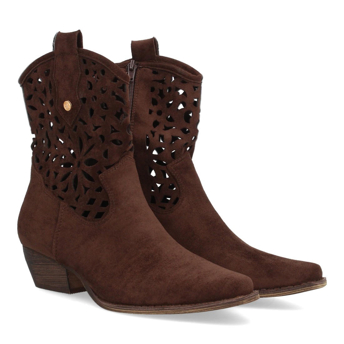 Botines Calados Boho Marrón Chocolate en Serraje con Cremallera y Tacón Bajo 1 Botines Calados Boho Marrón Chocolate en Serraje con Cremallera y Tacón Bajo