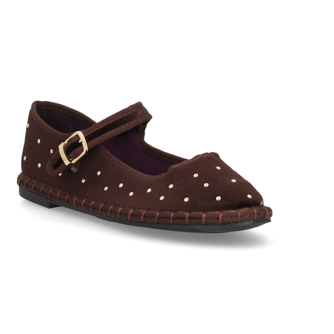 Merceditas de Terciopelo Marrón Café con Tachuelas Doradas y Hebilla 3 Merceditas de Terciopelo Marrón Café con Tachuelas Doradas y Hebilla - Imagen 3