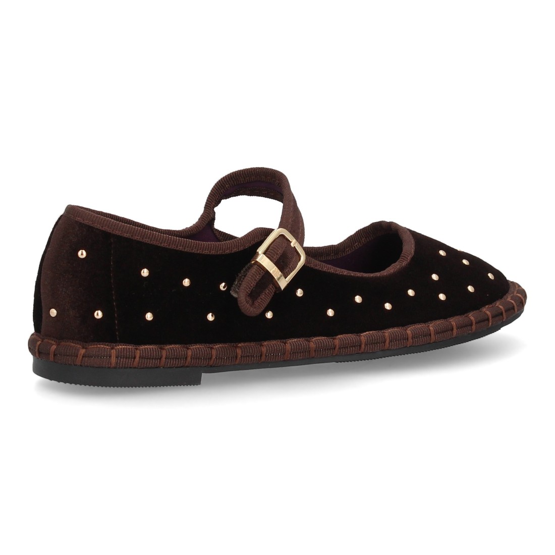 Merceditas de Terciopelo Marrón Café con Tachuelas Doradas y Hebilla 4 Merceditas de Terciopelo Marrón Café con Tachuelas Doradas y Hebilla - Imagen 4