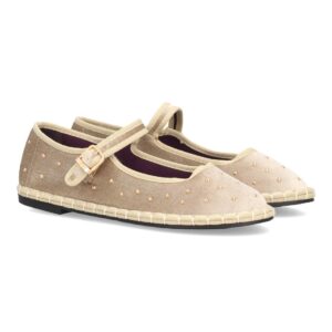 Merceditas de terciopelo beige con tachuelas y hebilla para mujer