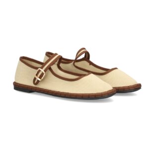 Merceditas de Lona Beige con Ribete Marrón y Hebilla para Mujer