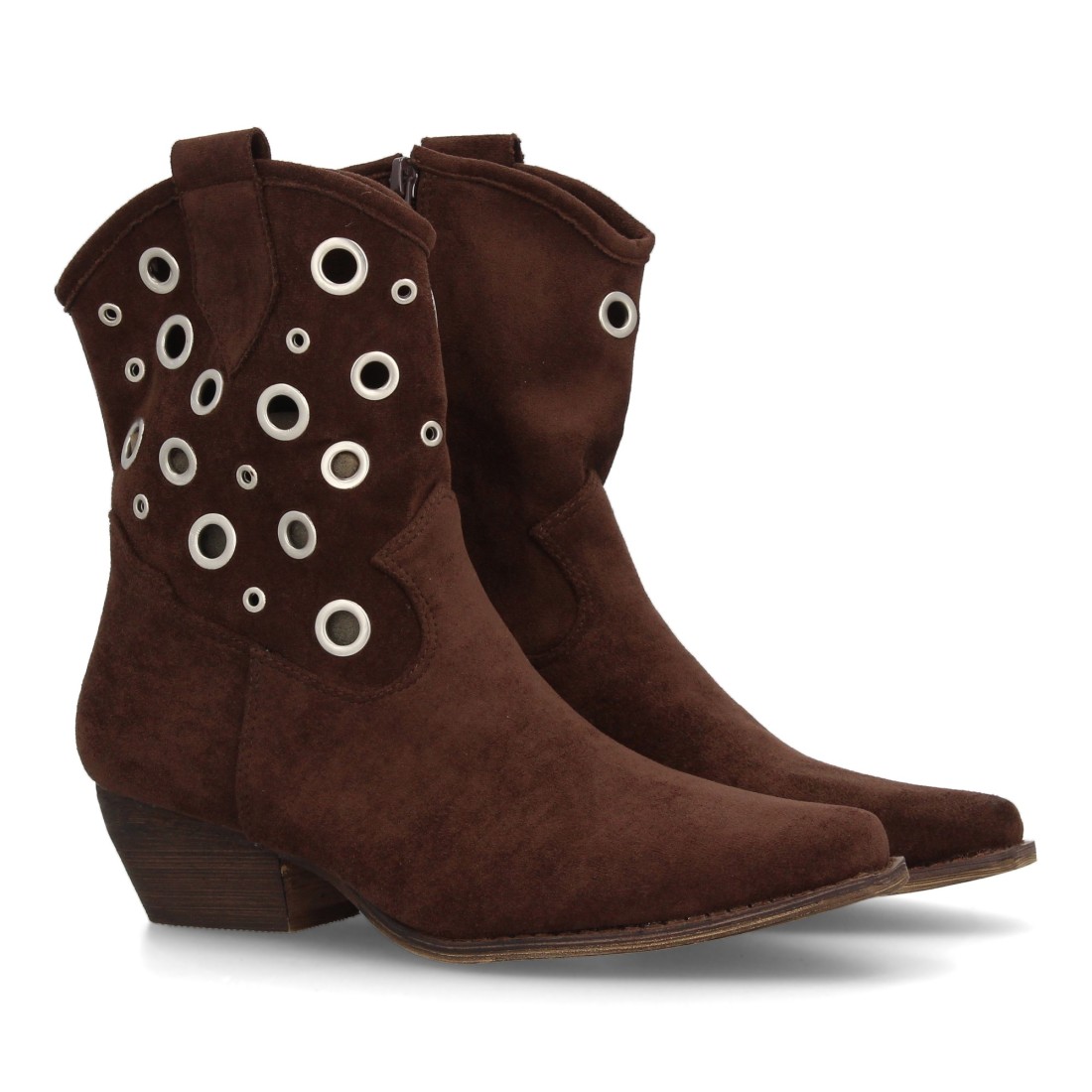 Botines Western Marrón en Serraje con Ojales Metálicos 1 Botines Western Marrón en Serraje con Ojales Metálicos