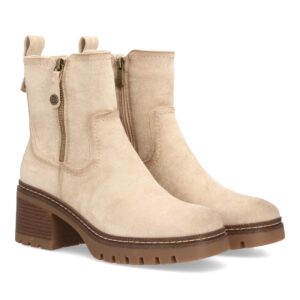 Botín con Tacón Ancho y Suela Dentada Beige