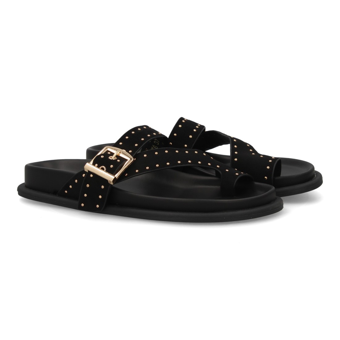 Sandalias Planas Negras Gold Buckle 1 Sandalias Planas Negras Gold Buckle