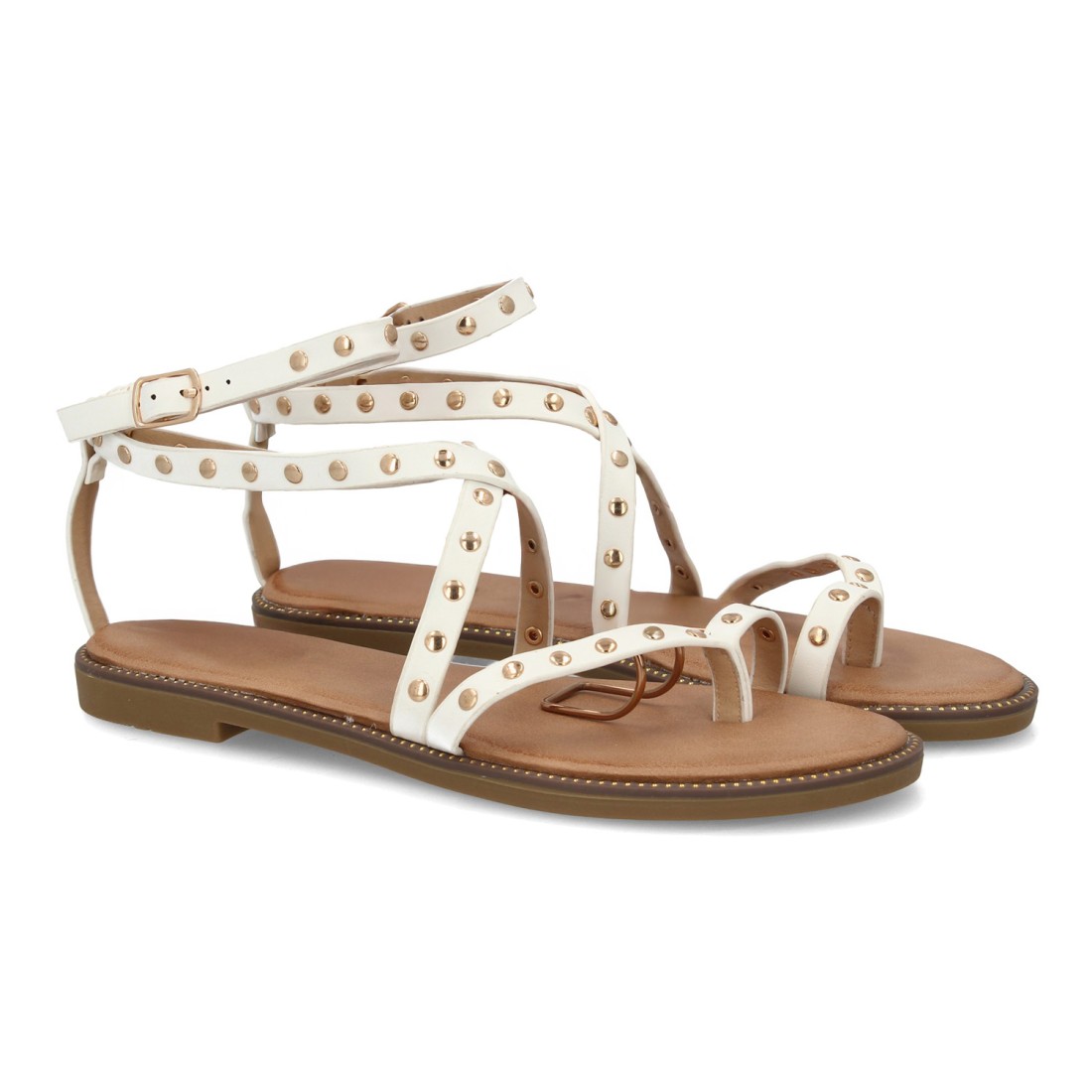 Sandalias Planas Blancas con Tachas Doradas 1 Sandalias Planas Blancas con Tachas Doradas
