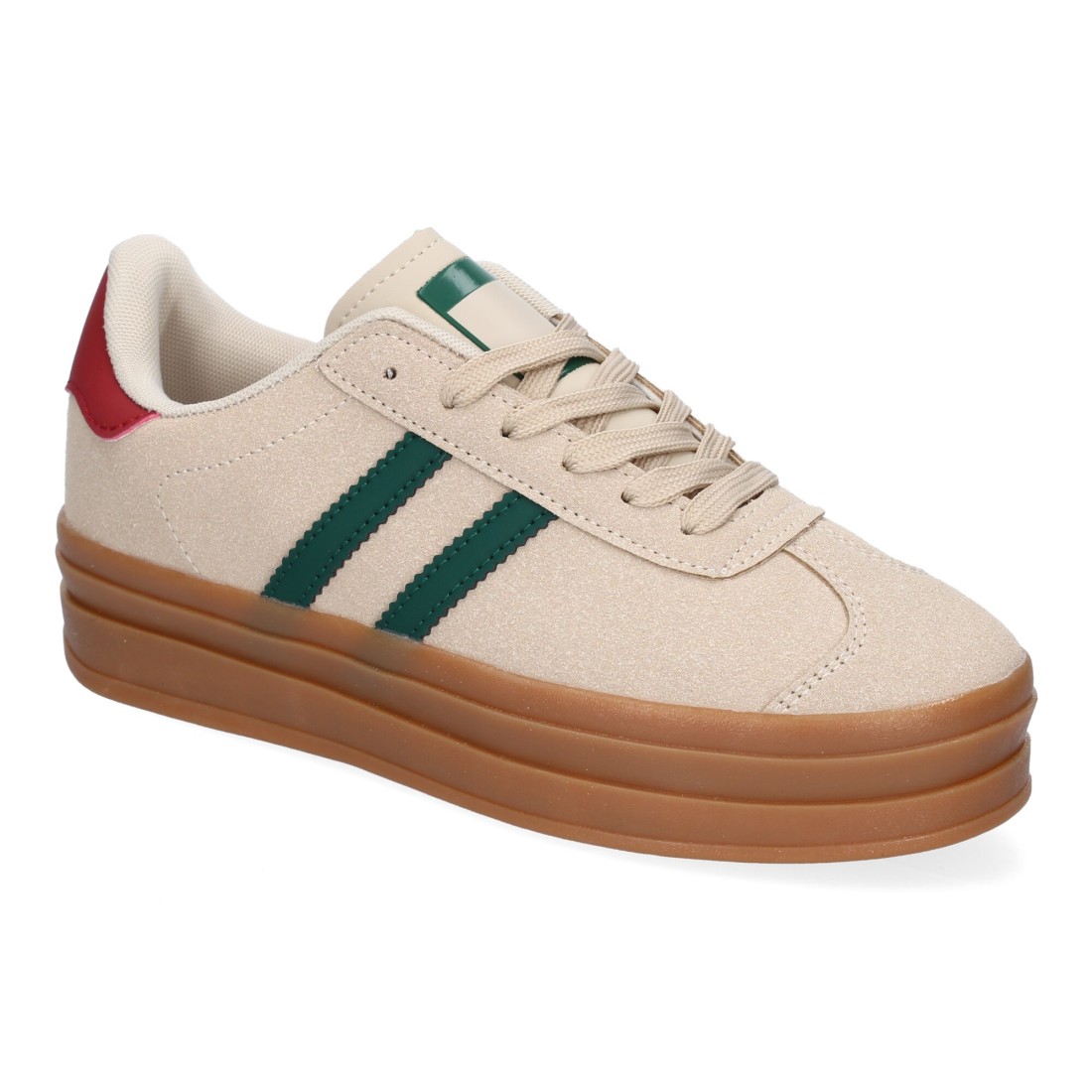 Zapatillas Beige con Franjas Verdes y Detalles en Rojo 3 Zapatillas Beige con Franjas Verdes y Detalles en Rojo - Imagen 3