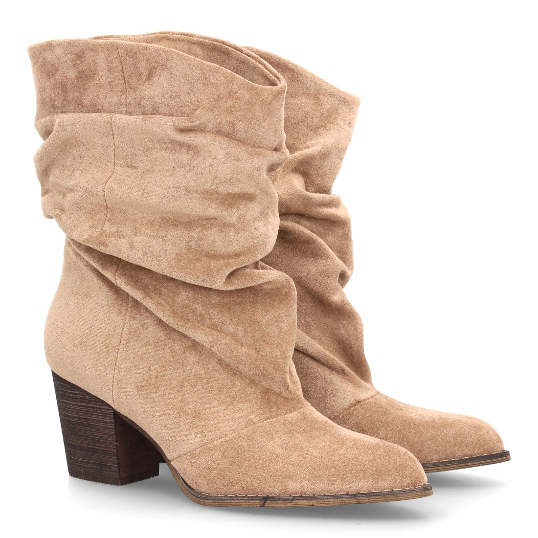 Botas Arrugadas Kaki de Antelina con Tacón Ancho 1 Botas Arrugadas Kaki de Antelina con Tacón Ancho