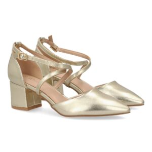 Zapatos Dorados de Tacón Ancho con Tiras Cruzadas