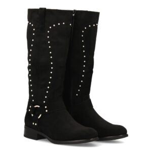 Botas Altas Negras de Antelina con Tachuelas y Hebilla