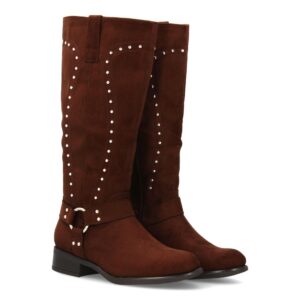 Botas Altas Marrones de Antelina con Tachuelas y Hebilla