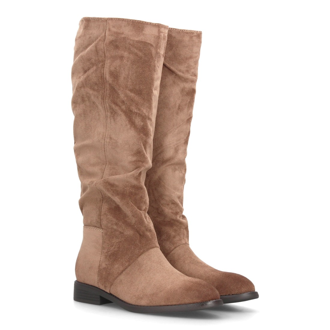 Botas Altas Kaki Efecto Ante con Tacón Bajo 1 Botas Altas Kaki Efecto Ante con Tacón Bajo
