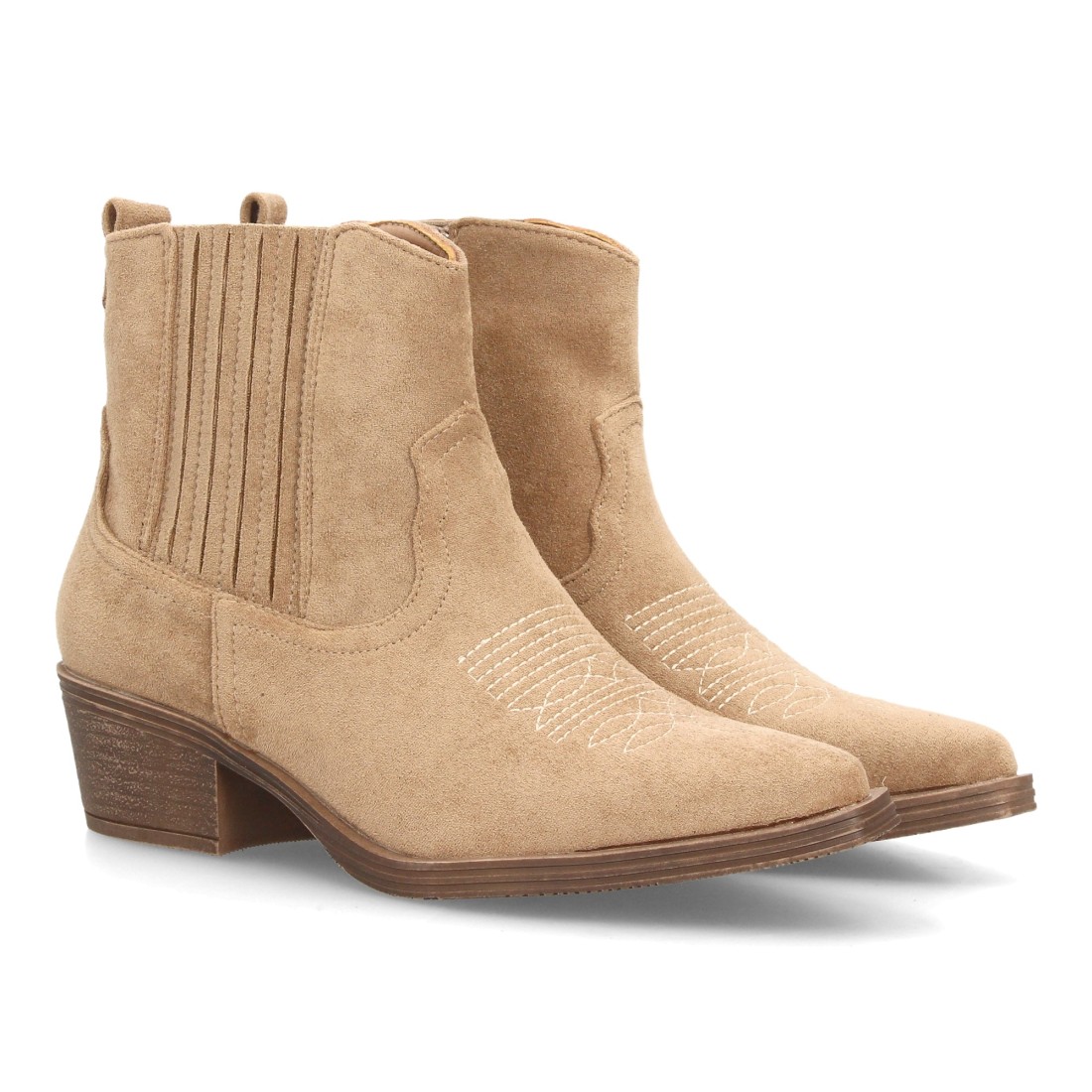 Botines Cowboy Camel de Mujer con Tacón Ancho y Acabado Efecto Ante 1 Botines Cowboy Camel de Mujer con Tacón Ancho y Acabado Efecto Ante