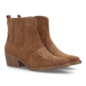 Botines Cowboy Camel de Mujer con Tacón Ancho y Acabado Efecto Ante