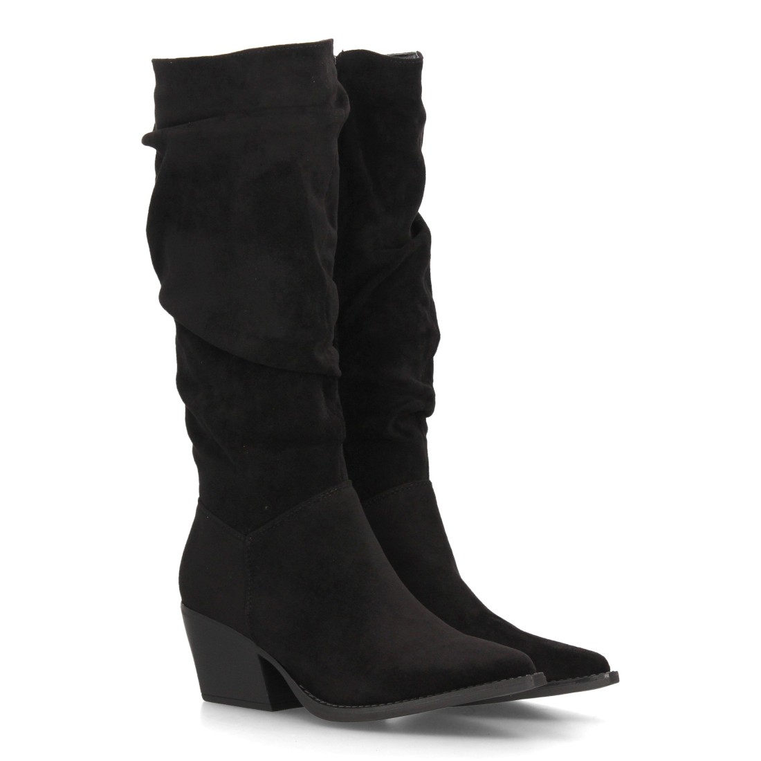 Botas Altas Negras Arrugadas de Antelina con Tacón Cowboy 1 Botas Altas Negras Arrugadas de Antelina con Tacón Cowboy