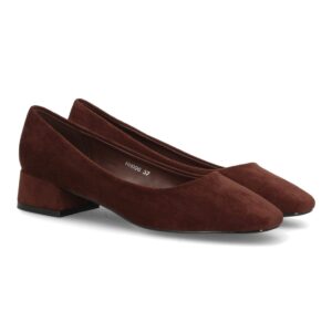 Zapatos de Salón Marrón Chocolate de Mujer con Tacón Bajo y Acabado Efecto Ante