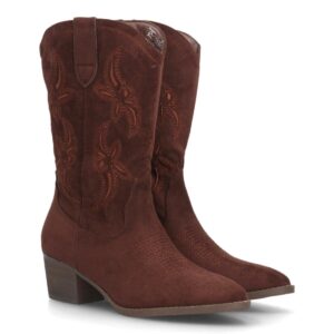 Botas Cowboy Marrón Chocolate de Mujer con Bordados Florales y Tacón Ancho