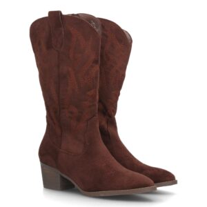 Botas Cowboy Marrón Chocolate de Mujer con Bordados Western y Tacón Campero