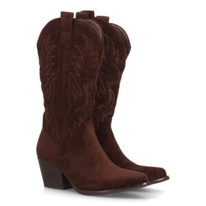 Botas Cowboy Marrón Chocolate de Mujer con Bordados Florales y Tacón Western