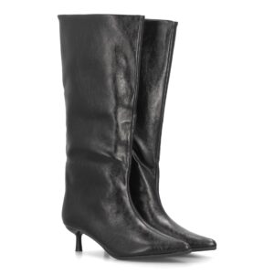 Botas Altas Negras Efecto Piel de Punta Fina y Tacón Kitten
