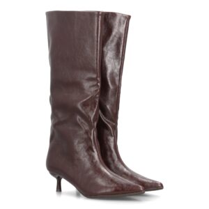 Botas Altas Marrón Chocolate Efecto Piel con Tacón Kitten